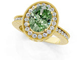 Yellow gold Fancy Green Oval  Halo Diamond Engagement Ring with Milgrain Pave Band and Four-Prong Setting_208