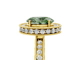Yellow gold Fancy Green Oval  Halo Diamond Engagement Ring with Milgrain Pave Band and Four-Prong Setting_212