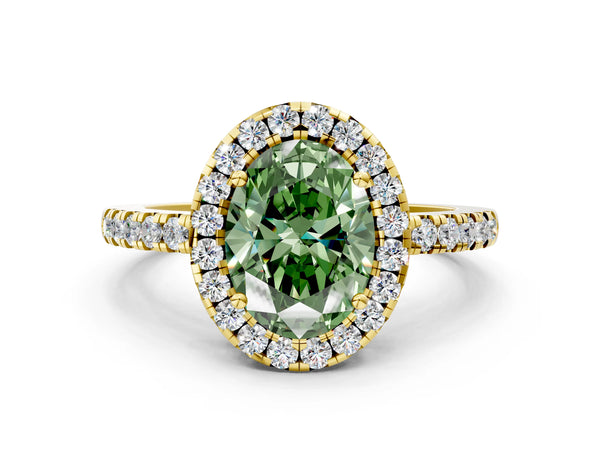 Yellow gold Fancy Green Oval  Halo Diamond Engagement Ring with Pavé Band and Four-Prong Setting