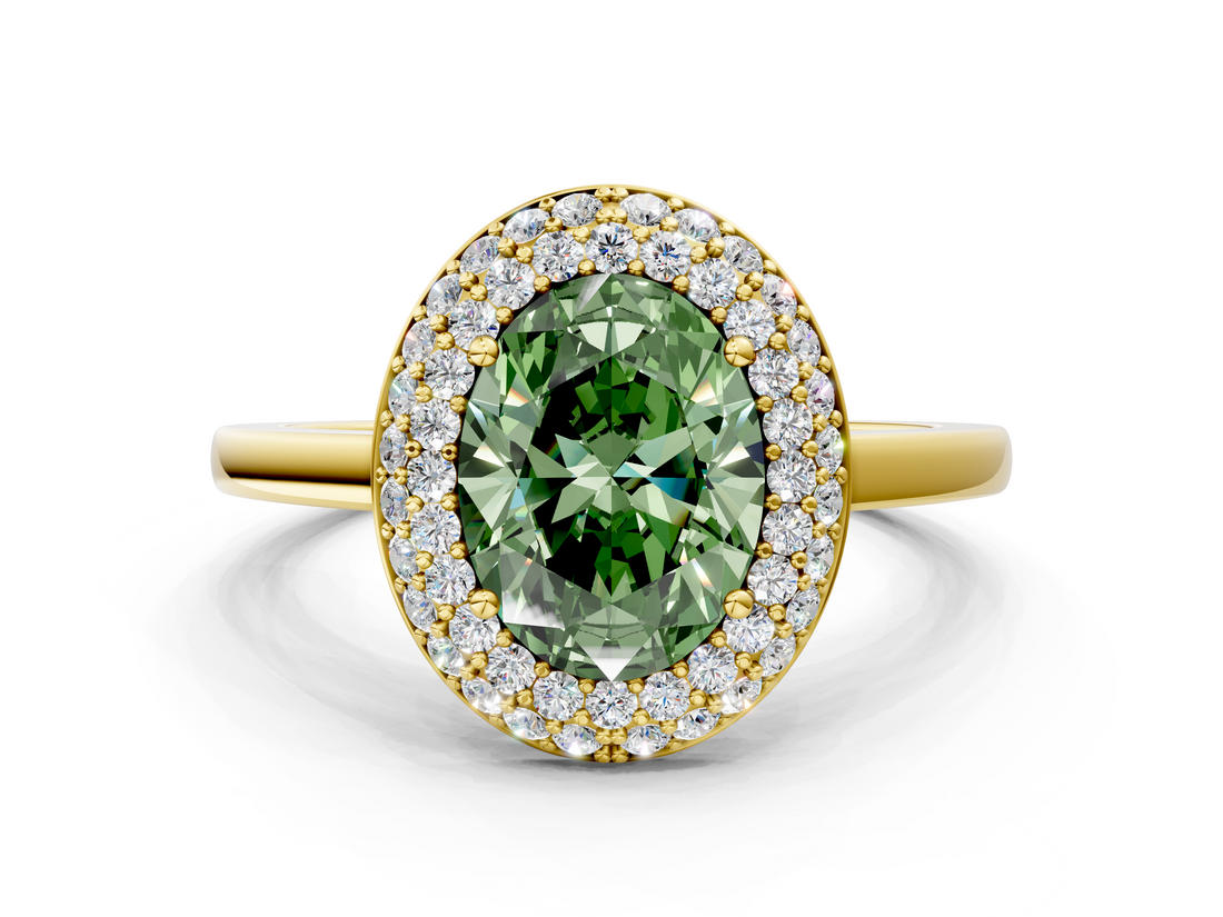Yellow gold Fancy Green Oval  Halo Diamond Engagement Ring with Solitaire Band and Four-Prong Setting_20