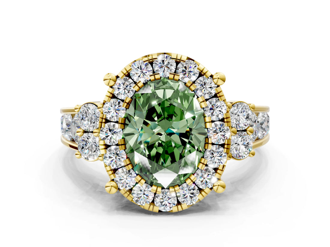 Yellow gold Fancy Green Oval  Halo Diamond Engagement Ring with Split Shank and Four-Prong Setting