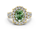 Yellow gold Fancy Green Oval  Halo Diamond Engagement Ring with Split Shank and Four-Prong Setting