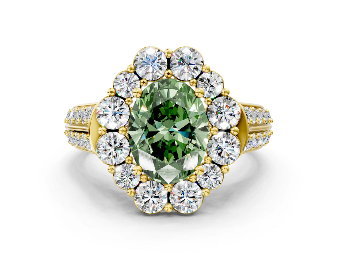 Yellow gold Fancy Green Oval  Halo Diamond Engagement Ring with Split Shank and Prong Setting_66