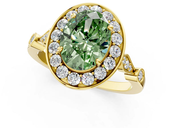 Yellow gold Fancy Green Oval  Halo Diamond Engagement Ring with Twisted Band and Four-Prong Setting