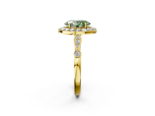 Yellow gold Fancy Green Oval  Halo Diamond Engagement Ring with Twisted Band and Four-Prong Setting
