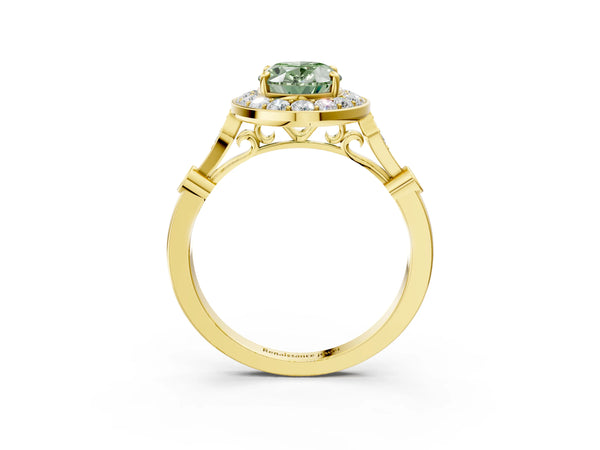 Yellow gold Fancy Green Oval  Halo Diamond Engagement Ring with Twisted Band and Four-Prong Setting