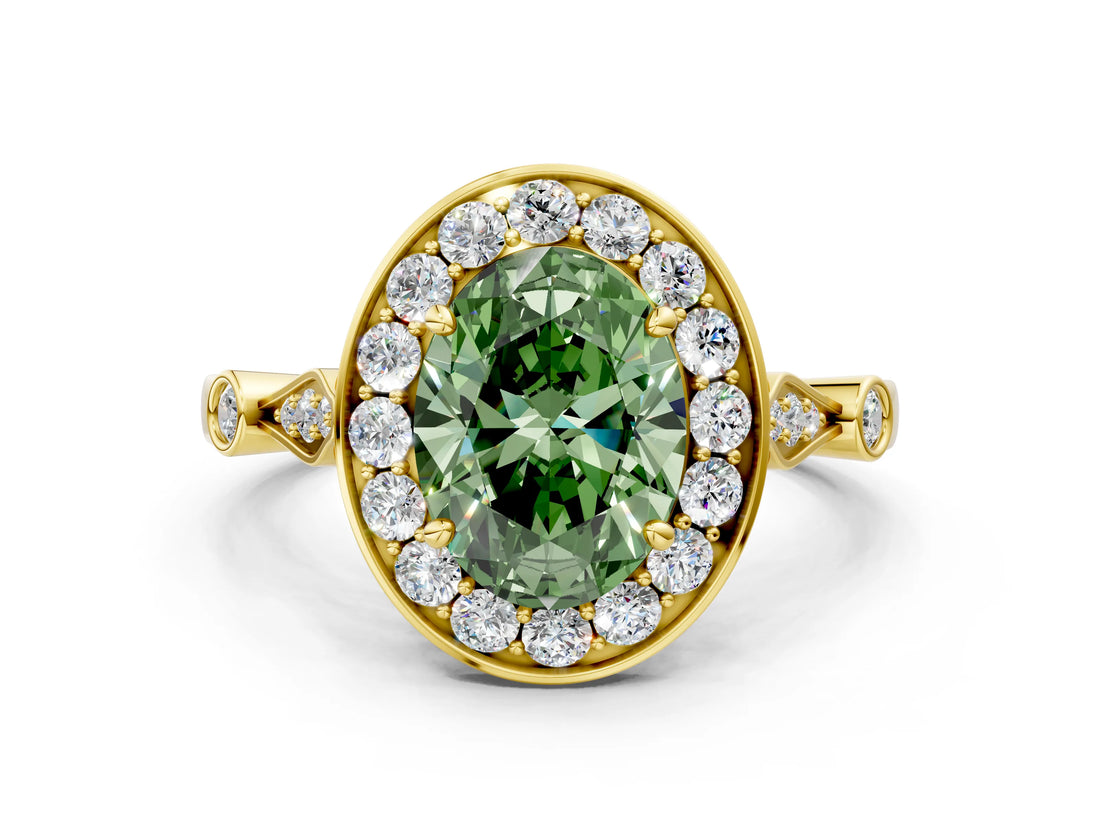 Yellow gold Fancy Green Oval  Halo Diamond Engagement Ring with Twisted Band and Four-Prong Setting