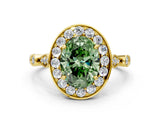 Yellow gold Fancy Green Oval  Halo Diamond Engagement Ring with Twisted Band and Four-Prong Setting