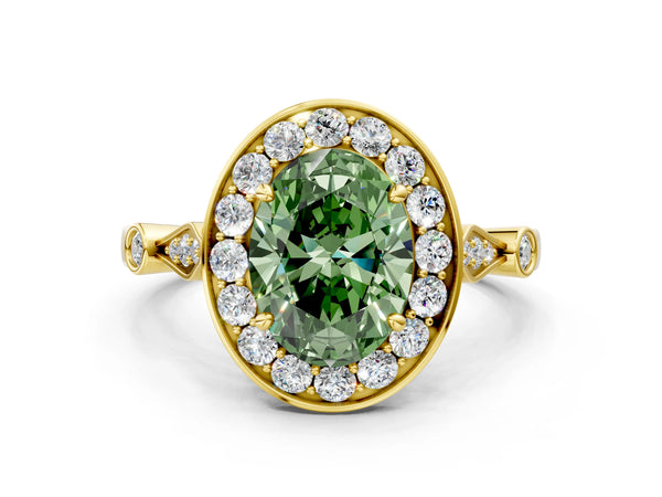 Yellow gold Fancy Green Oval  Halo Diamond Engagement Ring with Twisted Band and Four-Prong Setting