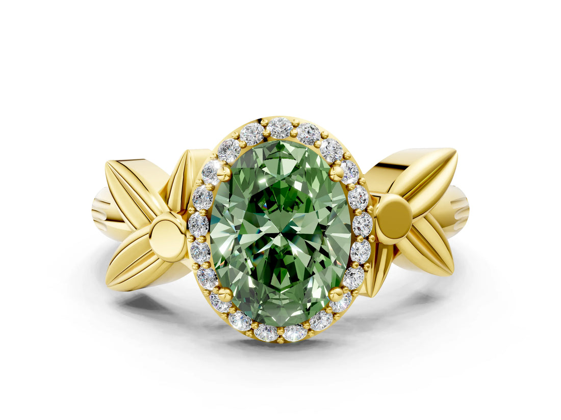 Yellow gold Fancy Green Oval  Halo Diamond Floral Band with Four-Prong Setting_56