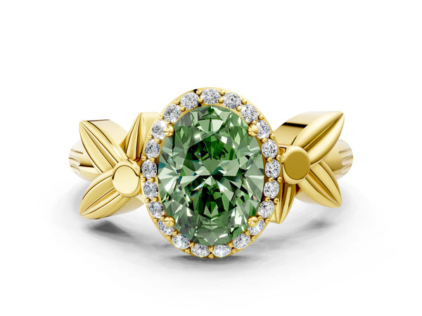 Yellow gold Fancy Green Oval  Halo Diamond Floral Band with Four-Prong Setting