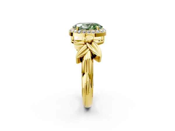 Yellow gold Fancy Green Oval  Halo Diamond Floral Band with Four-Prong Setting