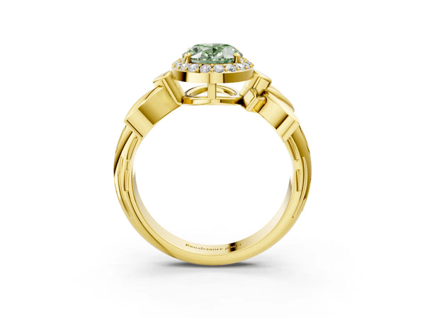 Yellow gold Fancy Green Oval  Halo Diamond Floral Band with Four-Prong Setting
