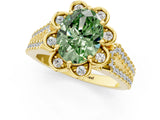Yellow gold Fancy Green Oval  Halo Diamond Floral Split Shank Engagement Ring 1