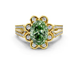 Yellow gold Fancy Green Oval  Halo Diamond Floral Split Shank Engagement Ring