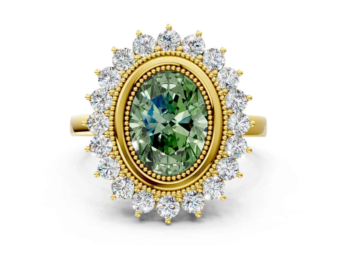 Yellow gold Fancy Green Oval  Halo Diamond Ring with Milgrain Edge and Round Prong Setting_26