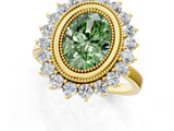 Yellow gold Fancy Green Oval  Halo Diamond Ring with Milgrain Edge and Round Prong Setting_27