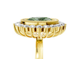 Yellow gold Fancy Green Oval  Halo Diamond Ring with Milgrain Edge and Round Prong Setting_31