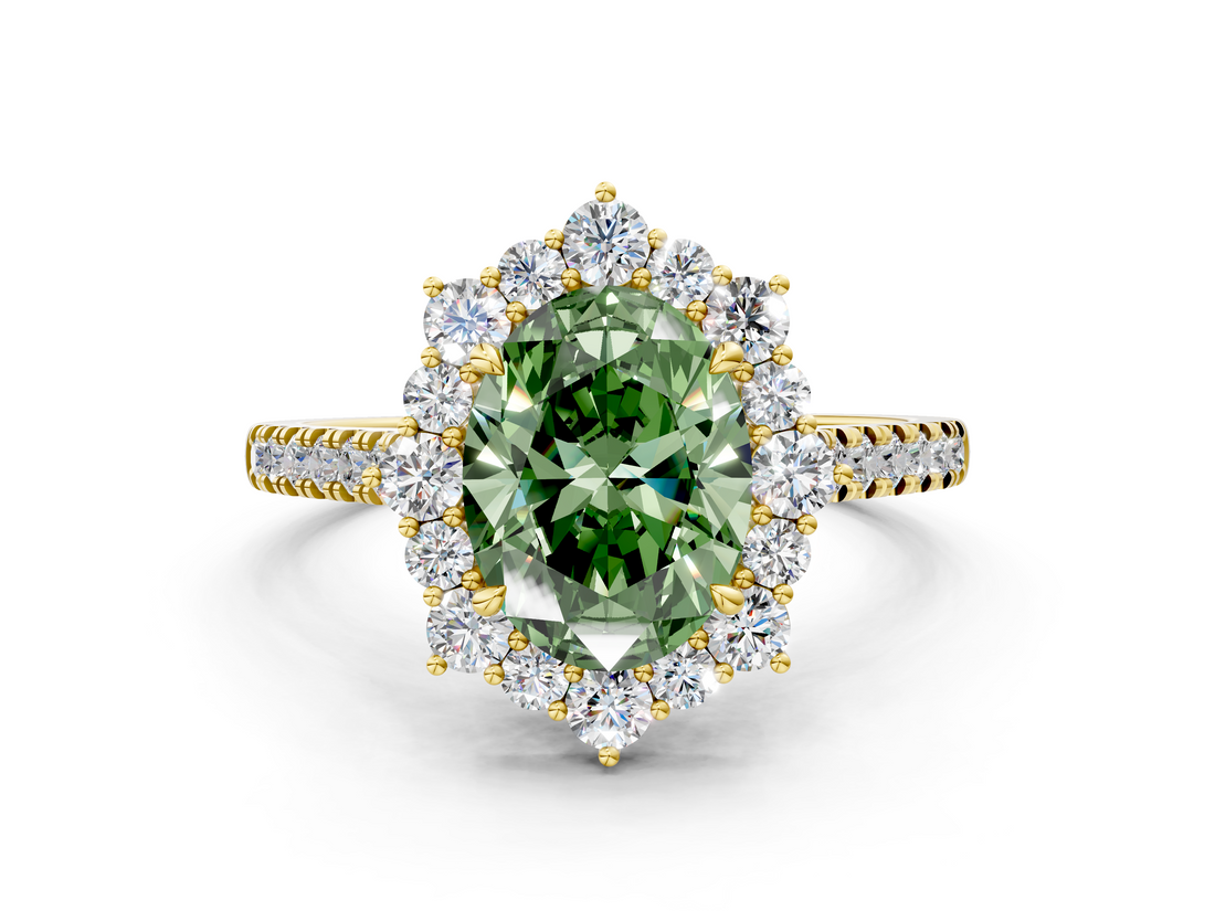 Yellow gold Fancy Green Oval  Halo Diamond Ring with Pavé Band and Prong Setting_37