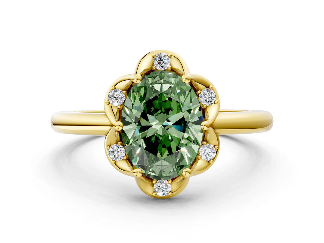 Yellow gold Fancy Green Oval  Halo Diamond Ring with Round Cluster Setting, Solitaire Band, and Four-Prong Setting_46