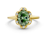 Yellow gold Fancy Green Oval  Halo Diamond Ring with Round Cluster Setting, Solitaire Band, and Four-Prong Setting_46