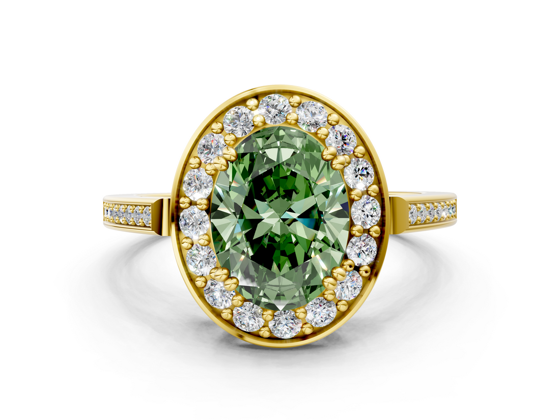 Yellow gold Fancy Green Oval  Halo Diamond Ring with Split Shank and Four-Prong Setting_64