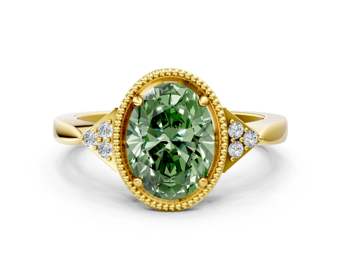 Yellow gold Fancy Green Oval  Halo Diamond Ring with Tapered Band and Four-Prong Setting_7