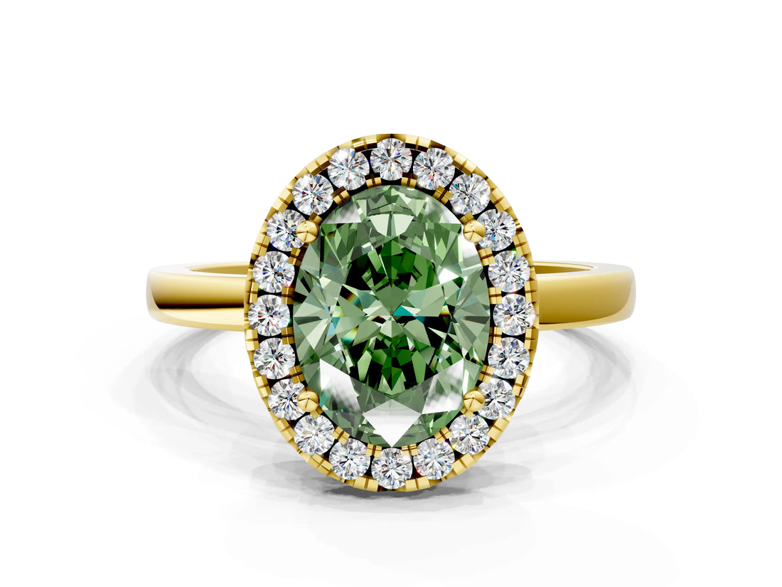 Yellow gold Fancy Green Oval  Halo Diamond Solitaire with Pavé Band and Four-Prong Setting_71