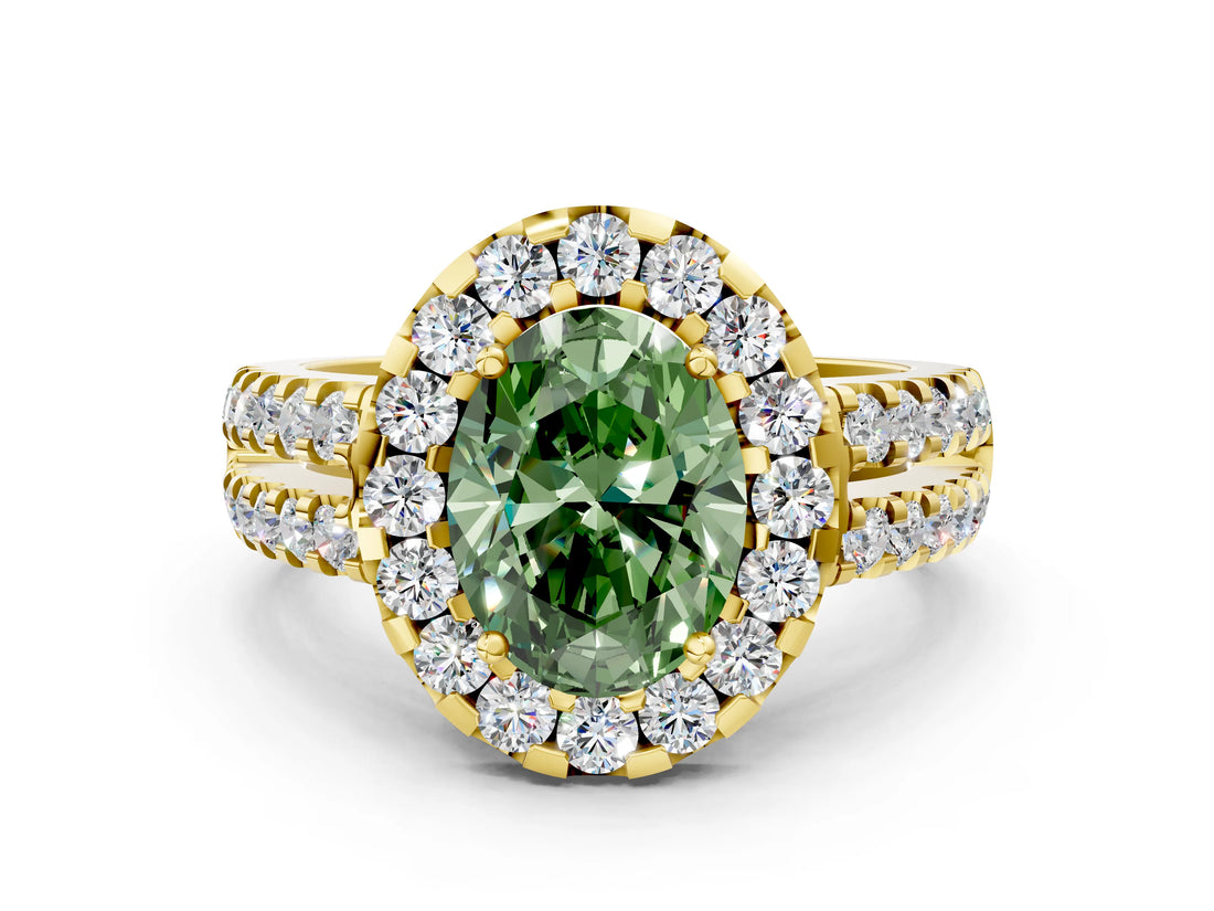 Yellow gold Fancy Green Oval  Halo Diamond Split Shank Engagement Ring with Prong Setting_59