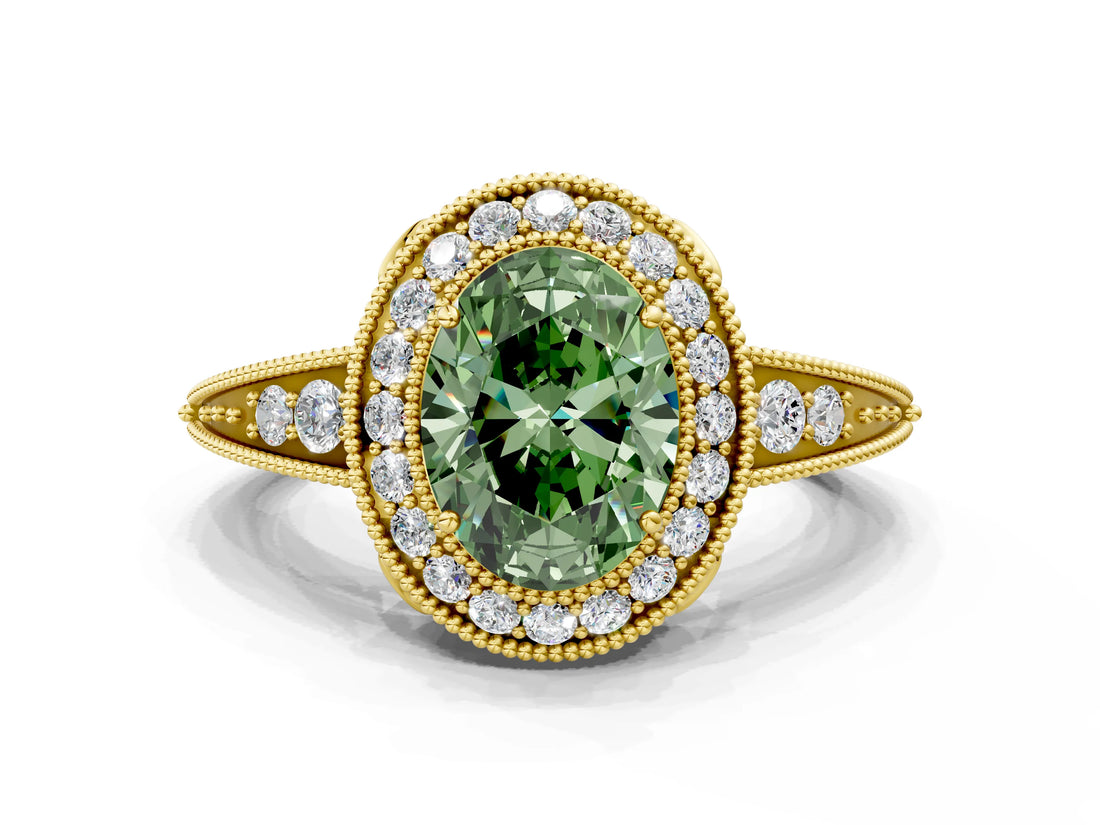 Yellow gold Fancy Green Oval  Halo Diamond Split Shank Ring with Milgrain Detail_50