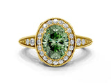 Yellow gold Fancy Green Oval  Halo Diamond Split Shank Ring with Milgrain Detail_50
