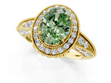 Yellow gold Fancy Green Oval  Halo Diamond Split Shank Ring with Milgrain Detail_51