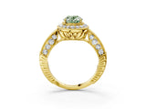 Yellow gold Fancy Green Oval  Halo Diamond Split Shank Ring with Milgrain Detail_53
