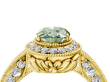 Yellow gold Fancy Green Oval  Halo Diamond Split Shank Ring with Milgrain Detail_54