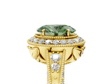 Yellow gold Fancy Green Oval  Halo Diamond Split Shank Ring with Milgrain Detail_55