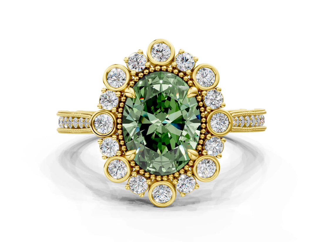 Yellow gold Fancy Green Oval  Halo Milgrain Pave Diamond Ring with Four-Prong Setting 1
