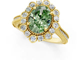 Yellow gold Fancy Green Oval  Halo Milgrain Pave Diamond Ring with Four-Prong Setting 2