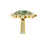 Yellow gold Fancy Green Oval  Halo Milgrain Pave Diamond Ring with Four-Prong Setting