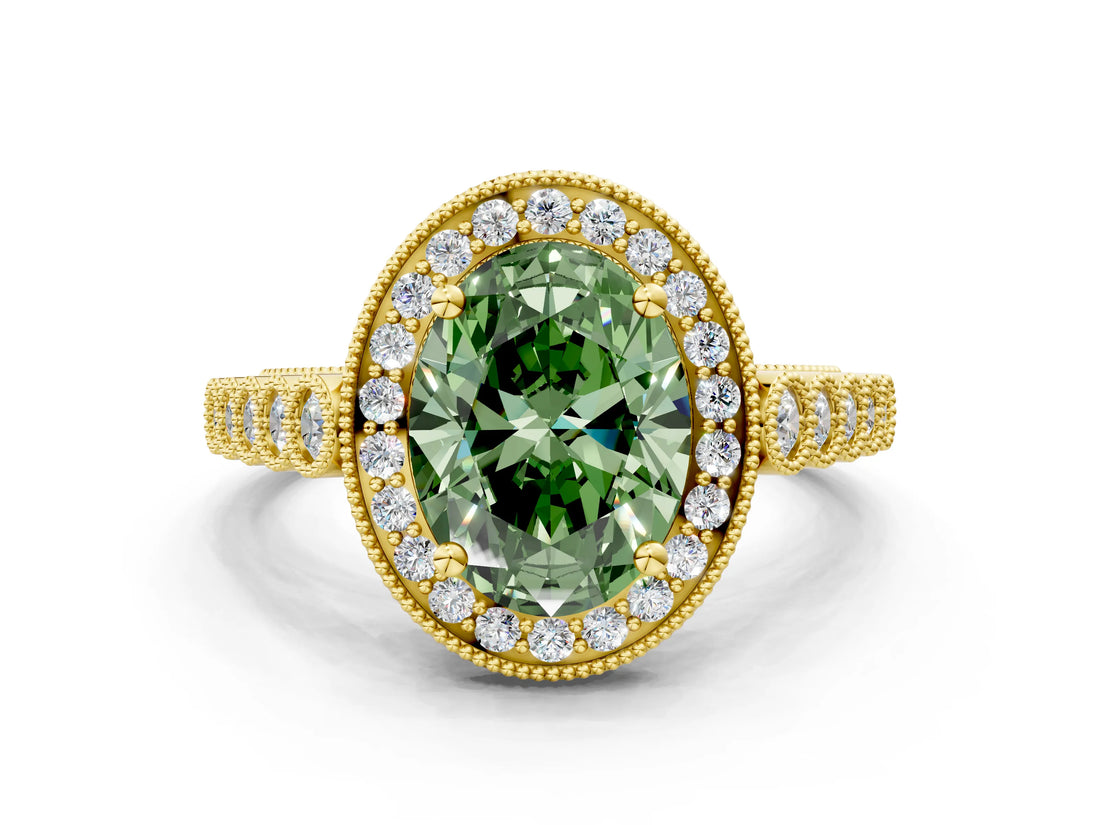 Yellow gold Fancy Green Oval  Halo Milgrain Solitaire with Bezel Set Side Stones and Pave Band_32