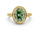 Yellow gold Fancy Green Oval  Halo Milgrain Solitaire with Bezel Set Side Stones and Pave Band_32