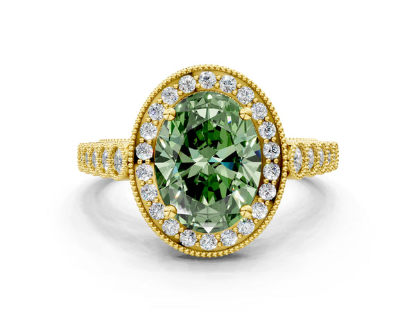 Yellow gold Fancy Green Oval  Halo Milgrain Solitaire with Bezel Set Side Stones and Pave Band