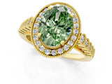 Yellow gold Fancy Green Oval  Halo Milgrain Solitaire with Bezel Set Side Stones and Pave Band_33