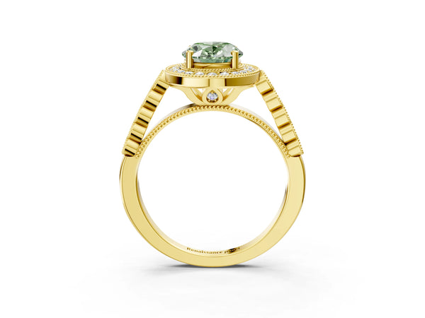 Yellow gold Fancy Green Oval  Halo Milgrain Solitaire with Bezel Set Side Stones and Pave Band