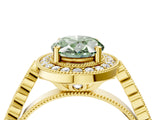 Yellow gold Fancy Green Oval  Halo Milgrain Solitaire with Bezel Set Side Stones and Pave Band_36