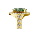 Yellow gold Fancy Green Oval  Halo Milgrain Solitaire with Bezel Set Side Stones and Pave Band_37