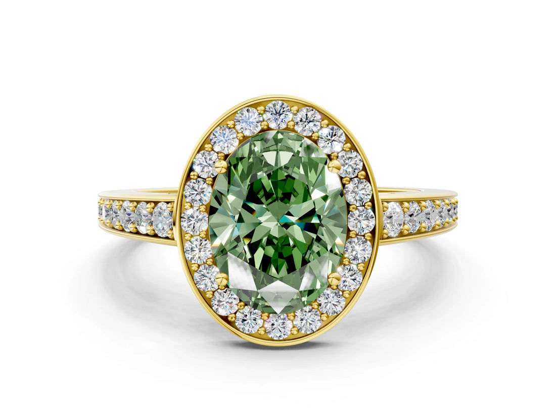 Yellow gold Fancy Green Oval  Halo Pavé Diamond Engagement Ring with Bezel Setting_37
