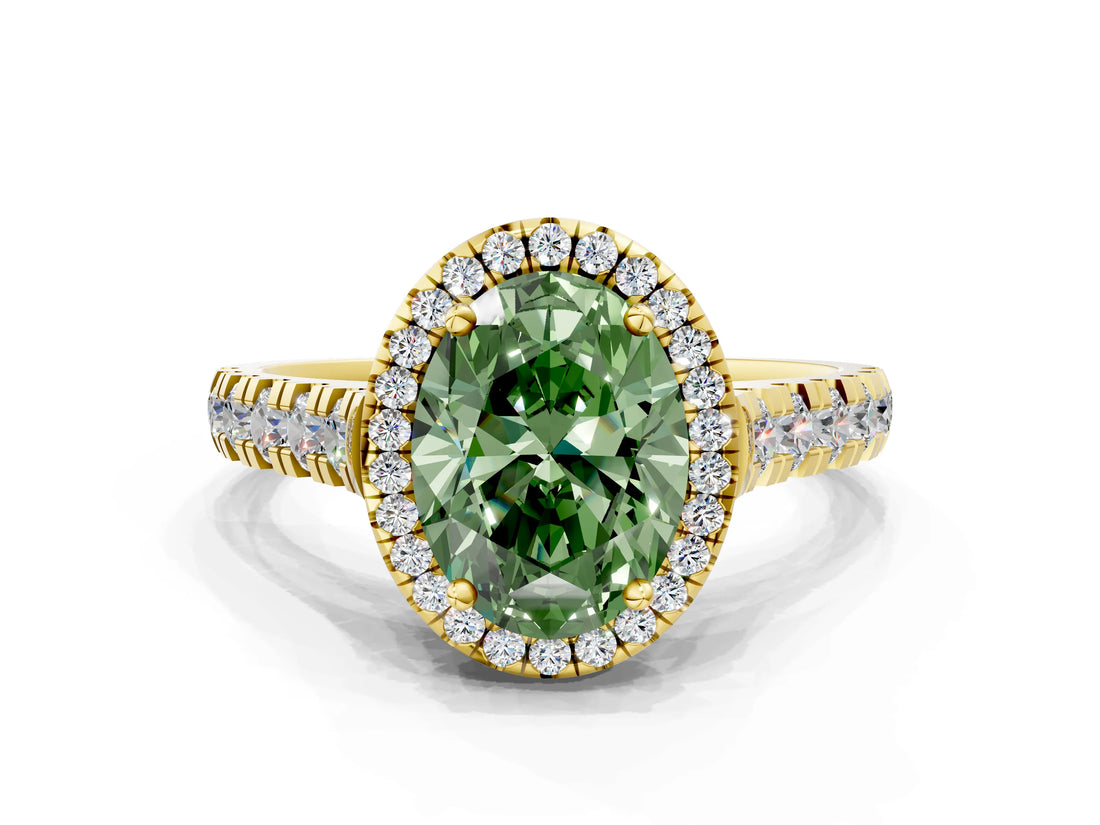 Yellow gold Fancy Green Oval  Halo Pavé Diamond Engagement Ring with Four-Prong Setting_26