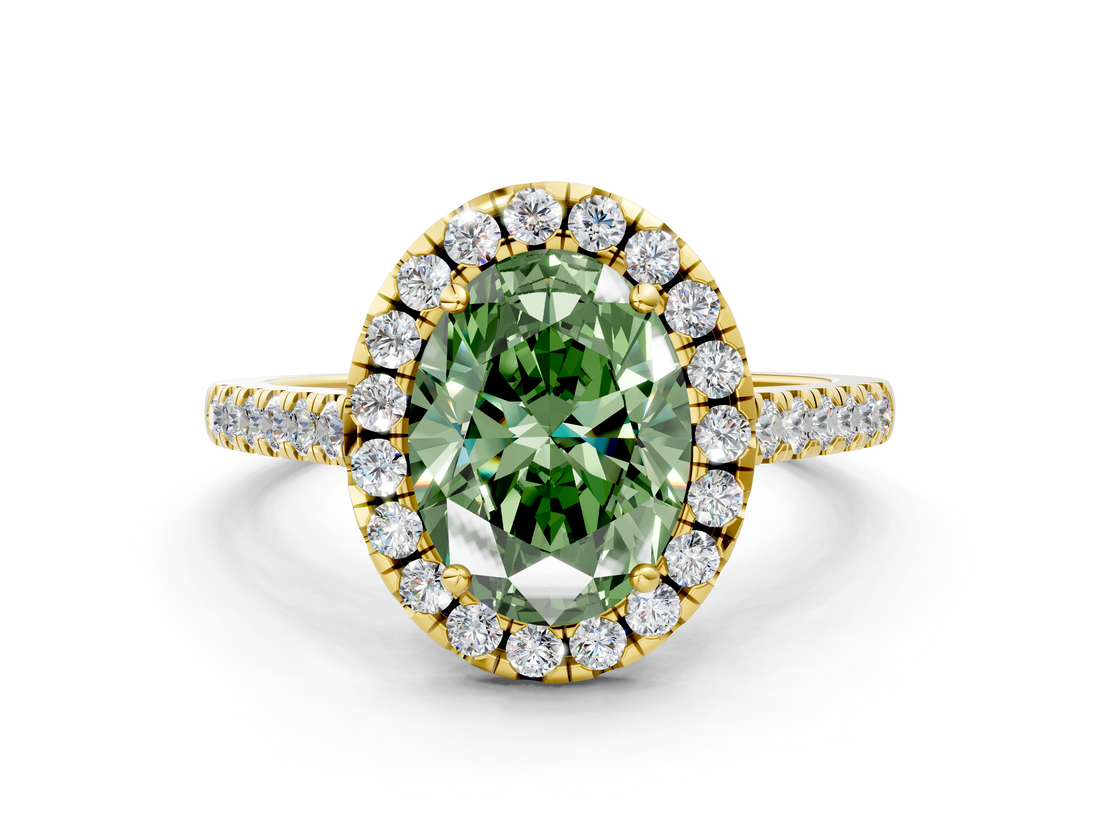 Yellow gold Fancy Green Oval  Halo Pavé Diamond Engagement Ring with Four-Prong Setting_3