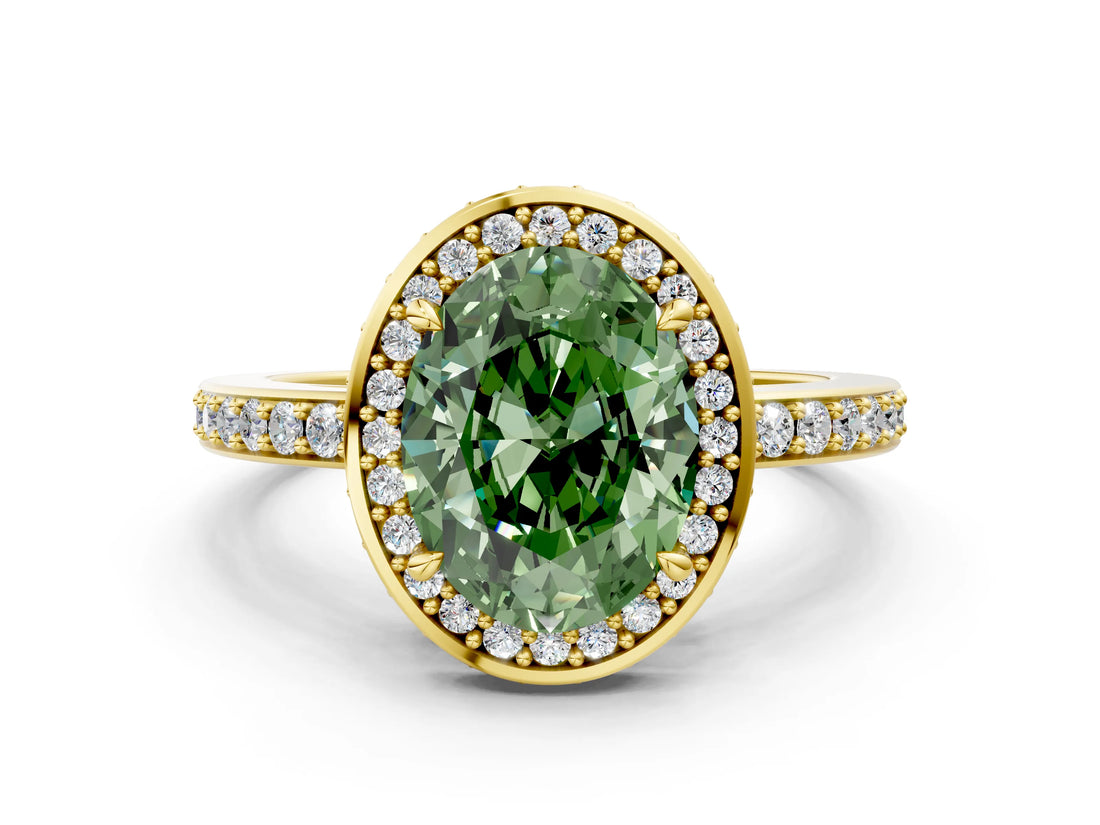 Yellow gold Fancy Green Oval  Halo Pave Band Solitaire Ring with Prong Setting_66