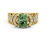 Yellow gold Fancy Green Oval  Halo Pave Diamond Engagement Ring with Milgrain Detailing_49